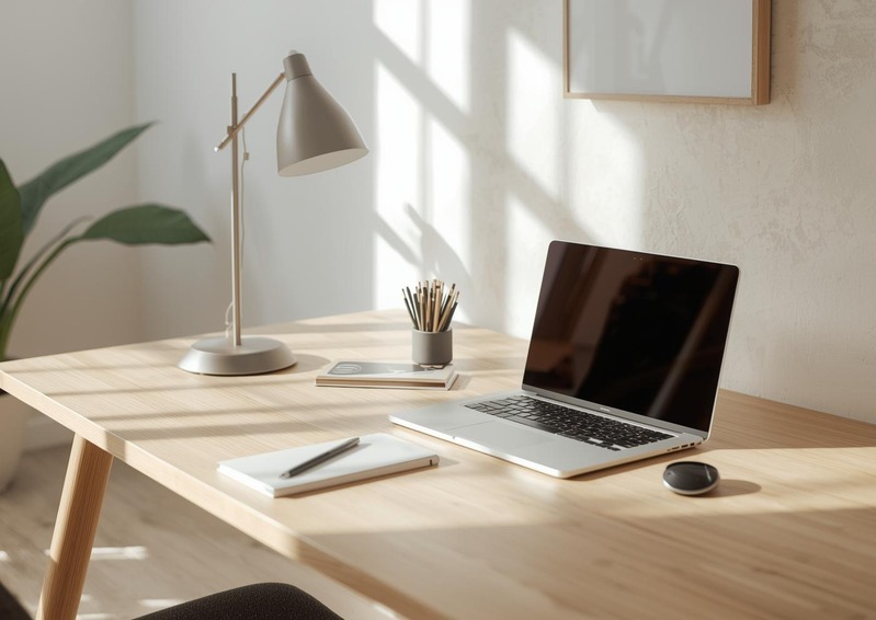 A wooden desk with a lamp, laptop and pencils in soft daylight