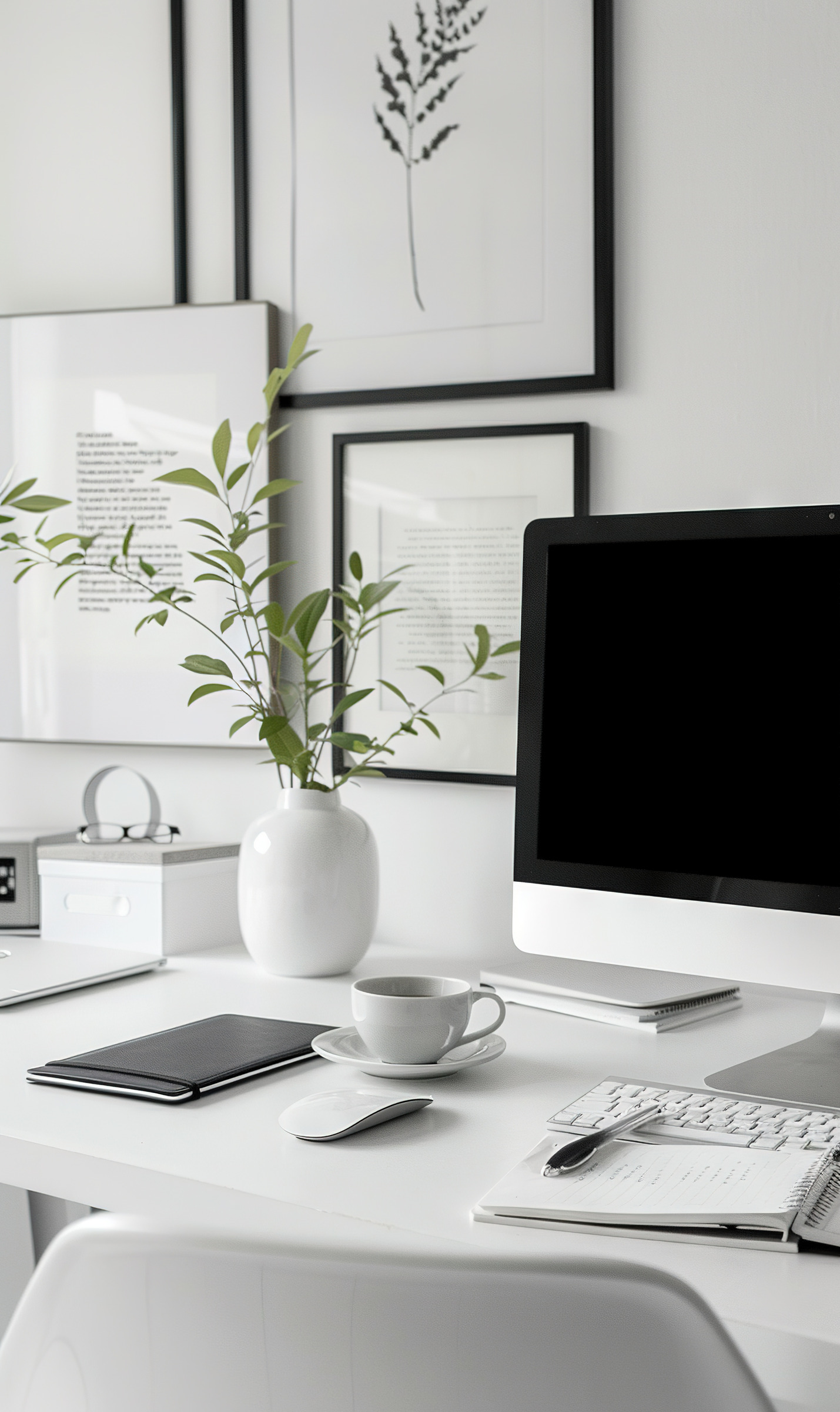 A calm white desk with an iMac, plant in a vase, cup and framed botanical art