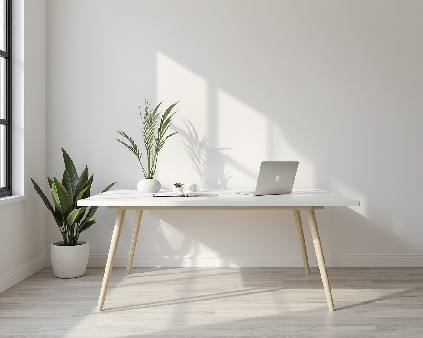 A bright, minimal room with a white desk, palm plant and laptop
